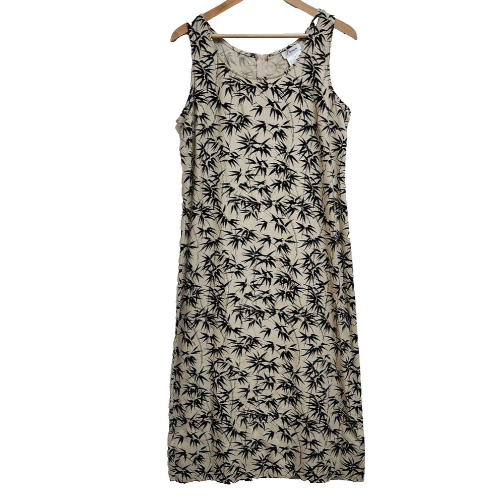Darian Tan Black Linen Palm Leaf Sleeveless Midi Dress Womens 12 Side Slit Zip
